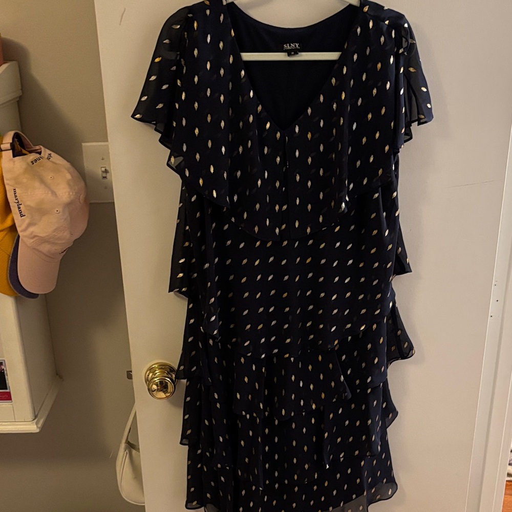 SLNY Asymmetrical Dress in Navy with Gold Details